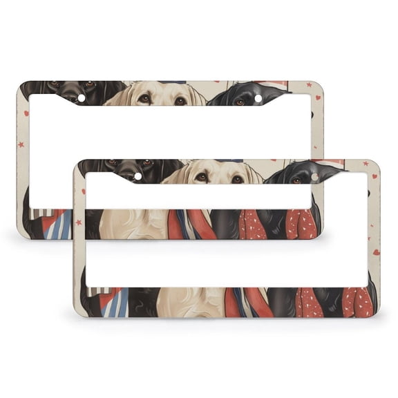 Vintage Patriot American Labrador Dog License Plate Cover 2 Pcs Set USA Patriotic Independence Memorial Day Car Front License Plate Frame Fits All Car 2 Hole Metal License Plate Frames