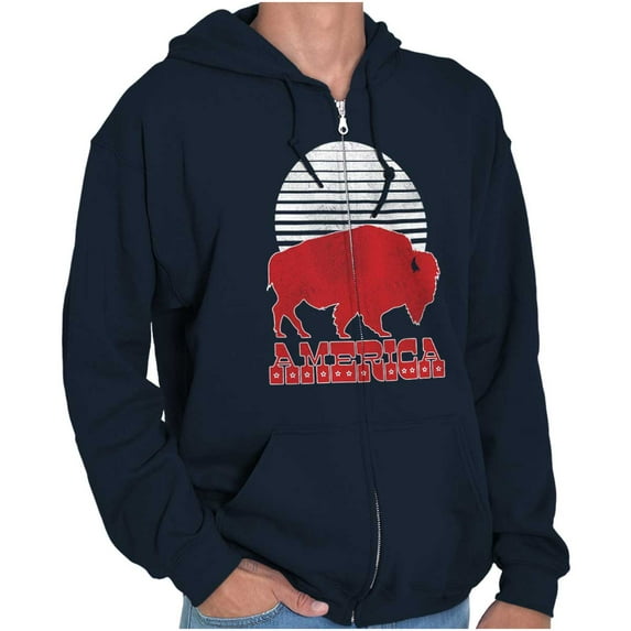 Vintage Patriotic American Buffalo Unisex Fleece Graphic Zip Up Hoodie Brisco Brands 2X