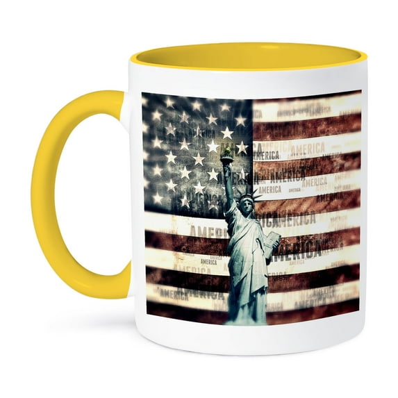 3dRose, Vintage Patriotic American Liberty - statue of liberty with American flag, 11oz Two-Tone Yellow Mug