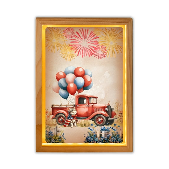 Vintage Patriotic American Shorthair 4th of July Independence Memorial Day Acrylic Plaque with Wood Photo Frame Box Cat Lover Kitten Owner Gifts Light Box - 01006