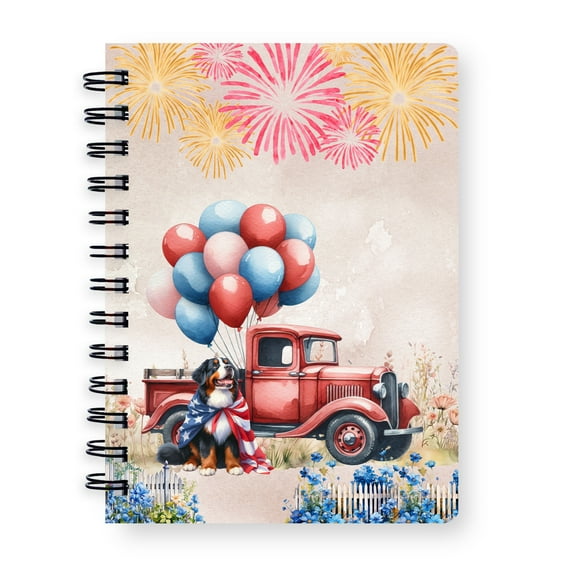 Vintage Patriotic Bernese Mountain Dog 4th of July Independence Memorial Day Spiral Bound Journal Berner Lover Gifts 5x7in Spiral Notebook - 01006