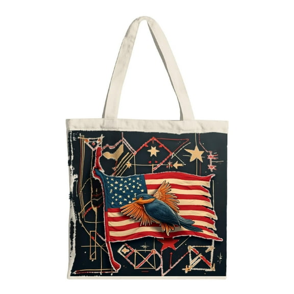Vintage Patriotic Canvas Tote Bag with American Flag & Bird in Design Geometric Patterns & Stars - Multifunctional Reusable Shopping Bag for Parties Travel & Shopping