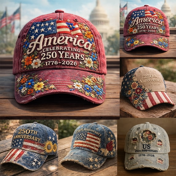 Vintage Patriotic Denim Baseball Cap US 250th Anniversary 1776-2026 Floral Embroidered Adjustable Unisex Daily & Holiday Wear Hat E