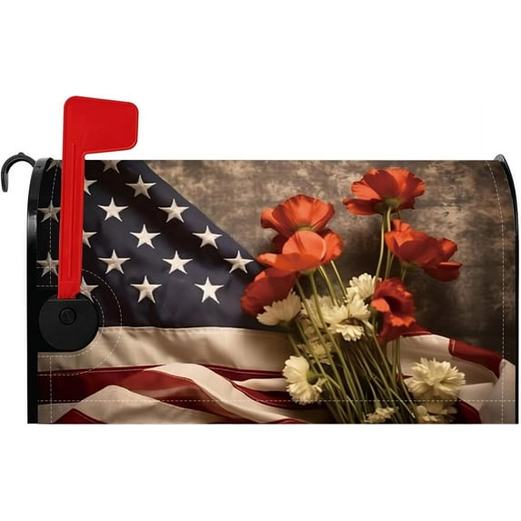 Vintage Patriotic Mailbox Cover Blue Red White America National Flag Floral Magnetic Mailbox Covers Day of July 4th Mail Post Letter Box Cover for Courtyard Decor Standard Size 21x18 Inch