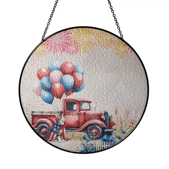 Vintage Patriotic Manx 4th of July Independence Memorial Day Stained Glass Suncatcher Cat Lover Kitten Owner Gifts Window Hanging Sign Decor - 01006