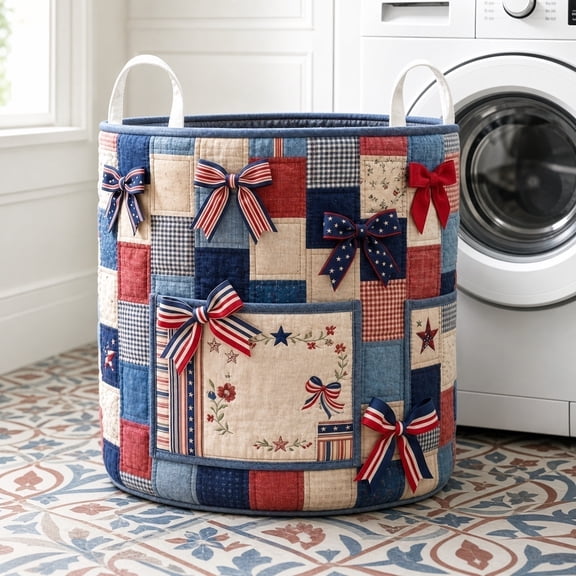 Vintage Patriotic Patchwork Quilted Laundry Basket Large Decorative Storage Bin with Bow Details Flag Fabric Hamper for Bedroom Bathroom Nursery Laundry Room Gift Present