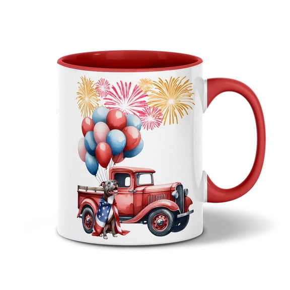 Vintage Patriotic Pitbull 4th of July Independence Memorial Day 11oz Accent Two-tone Mug Terrier Dog Lover Coffee Tea Cup - 01006