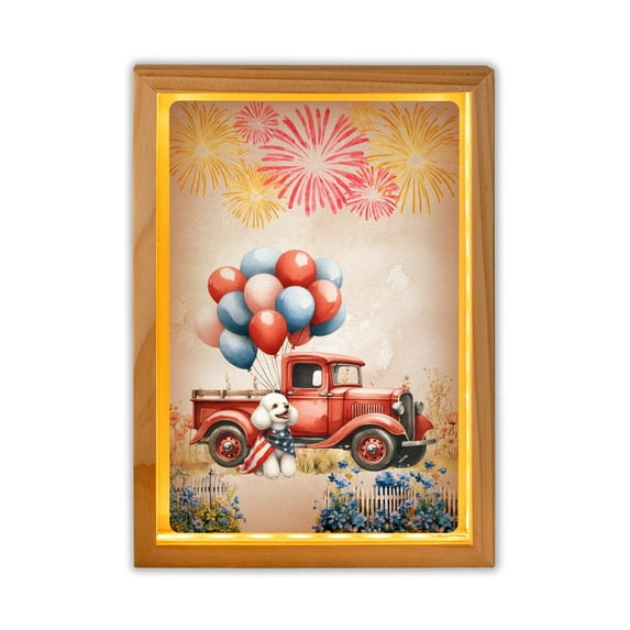 Vintage Patriotic Poodle 4th of July Independence Memorial Day Acrylic Plaque with Wood Photo Frame Box Poodles Dog Lover Gifts Idea Light Box - 01006