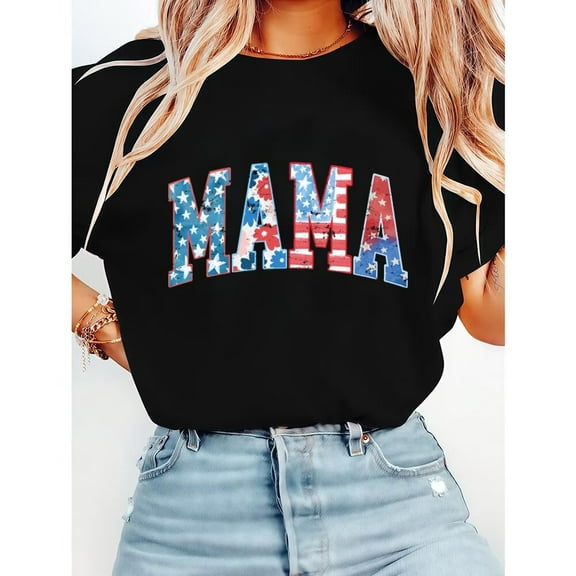 Vintage Patriotic Print T Shirts MAMA Graphic Tees Short Sleeve Casual Pattern Mom Life Cotton Shirts for Daily Outfits popular InS-style pattern round neck is trendy Black,2XL