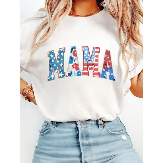 Vintage Patriotic Print T Shirts MAMA Graphic Tees Short Sleeve Casual Pattern Mom Life Cotton Shirts for Daily Outfits White,2XL