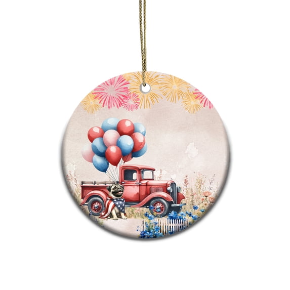 Vintage Patriotic Pug 4th of July Independence Memorial Day Ceramic Round Ornament Dog Lover Gifts Home Tree Decor - 01006