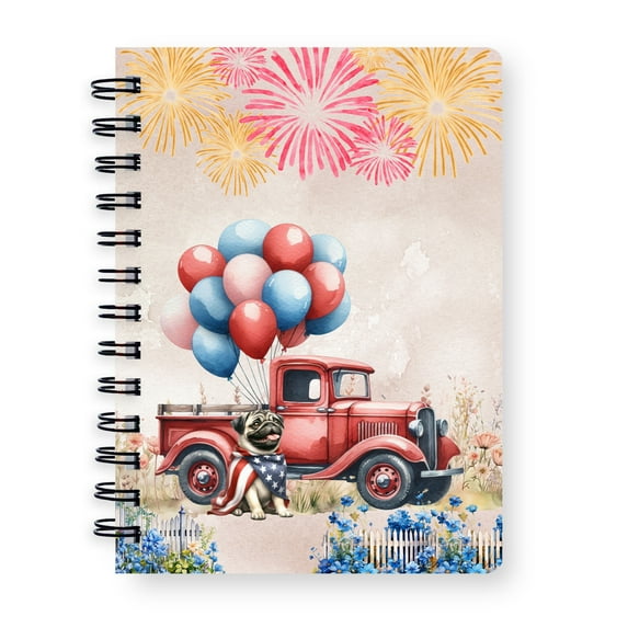 Vintage Patriotic Pug 4th of July Independence Memorial Day Spiral Bound Journal Dog Lover Gifts 5x7in Spiral Notebook - 01006
