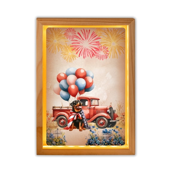 Vintage Patriotic Rottweiler 4th of July Independence Memorial Day Acrylic Plaque with Wood Photo Frame Box Rottie Dog Lover Gifts Idea Light Box - 01006