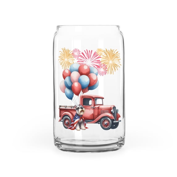 Vintage Patriotic Schnauzer 4th of July Independence Memorial Day 16oz Glass Cup Mug Miniature Schnauzer Dog Lover Glass Can - 01006