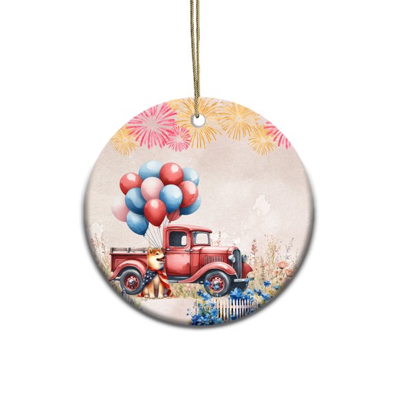 Vintage Patriotic Shiba Inu 4th of July Independence Memorial Day Ceramic Round Ornament Shibas Dog Lovers Gifts Idea Home Tree Decor - 01006