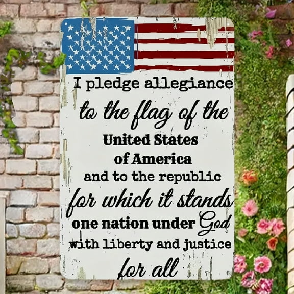 Vintage Patriotic Tin Sign - Rustic American Flag Wall Art with Allegiance Pledge, Distressed Iron Metal Plaque for US Military Veterans, Office & Living Room Decor, 12x8 Inch, American Flag Decor, Ol