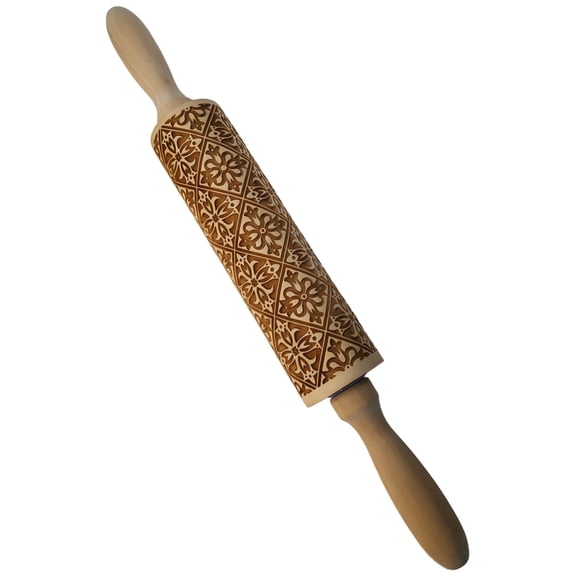 Vintage Pattern Rolling Pin Stamp - Wooden Engraved Cookie Dough Embosser and Biscuit Decorating Tooll, Round Handle for Easy Use, Easy to Clean