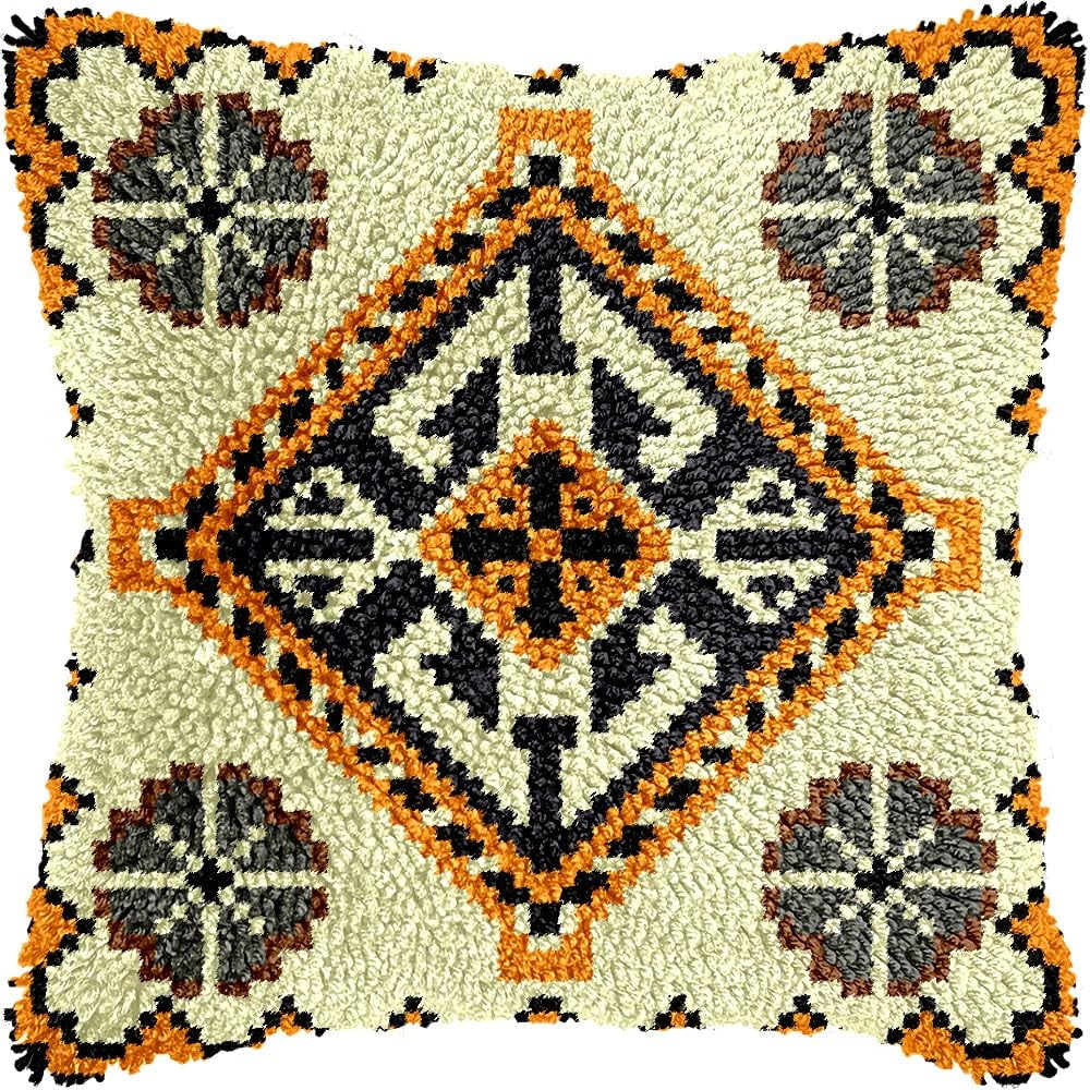 Vintage Pattern Latch Hook Pillow Kits for DIY Throw Pillow Cushion Embroidery Latch Hooking Pillowcase Kits with Preprinted Canvas Crochet Yarn Kits for Home Decor 17''X 17''(d158)