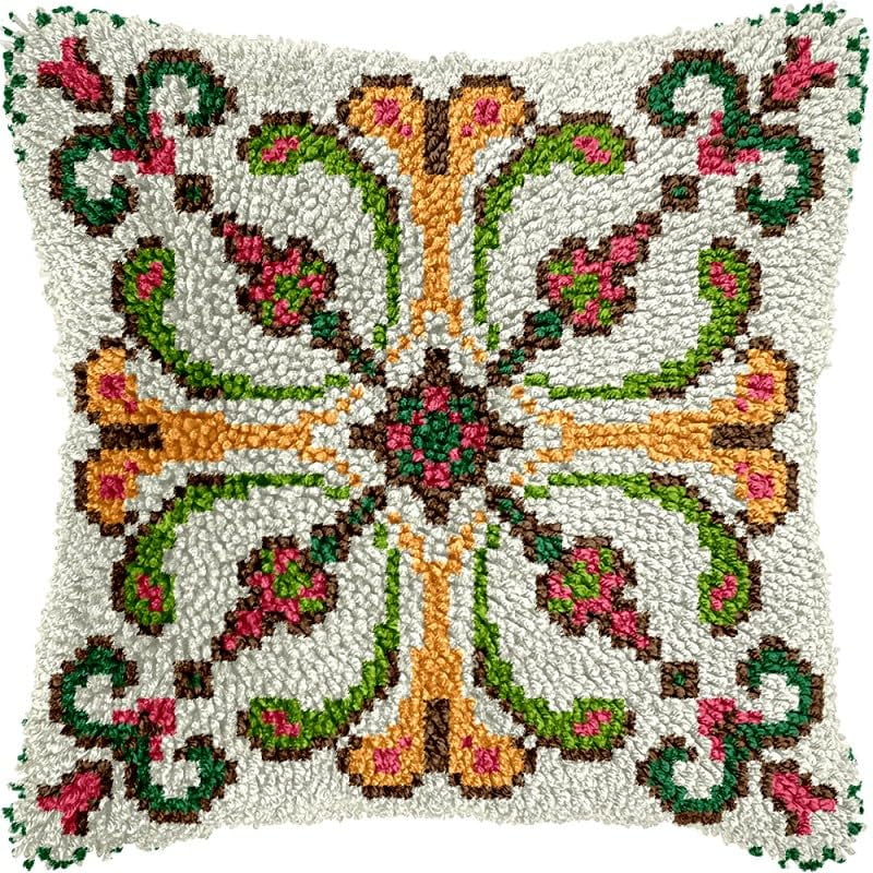 Vintage Pattern Latch Hook Pillow Kits Pillow Cover with Pattern Printed Canvas Crochet Cross Hooking Pillowcase Cushion Crafts Embroidery Latch Hooking Crochet Kits 17x17 inch(11)