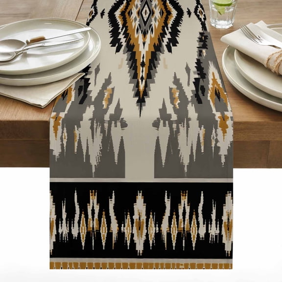 Vintage Pattern Table Runner 13x108 inch Brown Black Ethnic Style Weaving Texture Cotton Linen Dining Table Runner Ideal for Dresser Kitchen Coffee Tables - Machine Washable