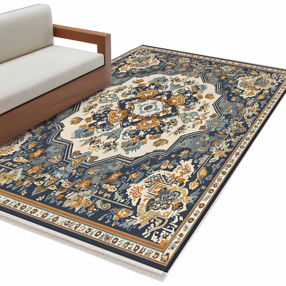 Vintage Pattern Washable Area Rug 4 x 6 ft Traditional Flowers Bohemian Style , Soft Non Slip Rugs Stain Repellent Indoor Felt Carpet for Living Dining Room Bedroom Home Office