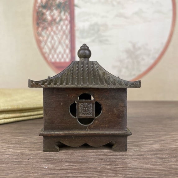 Vintage Pavilion Incense Burner Chinese Style Square Censer Indoor Aromatherapy Home Decor Rustic Finish