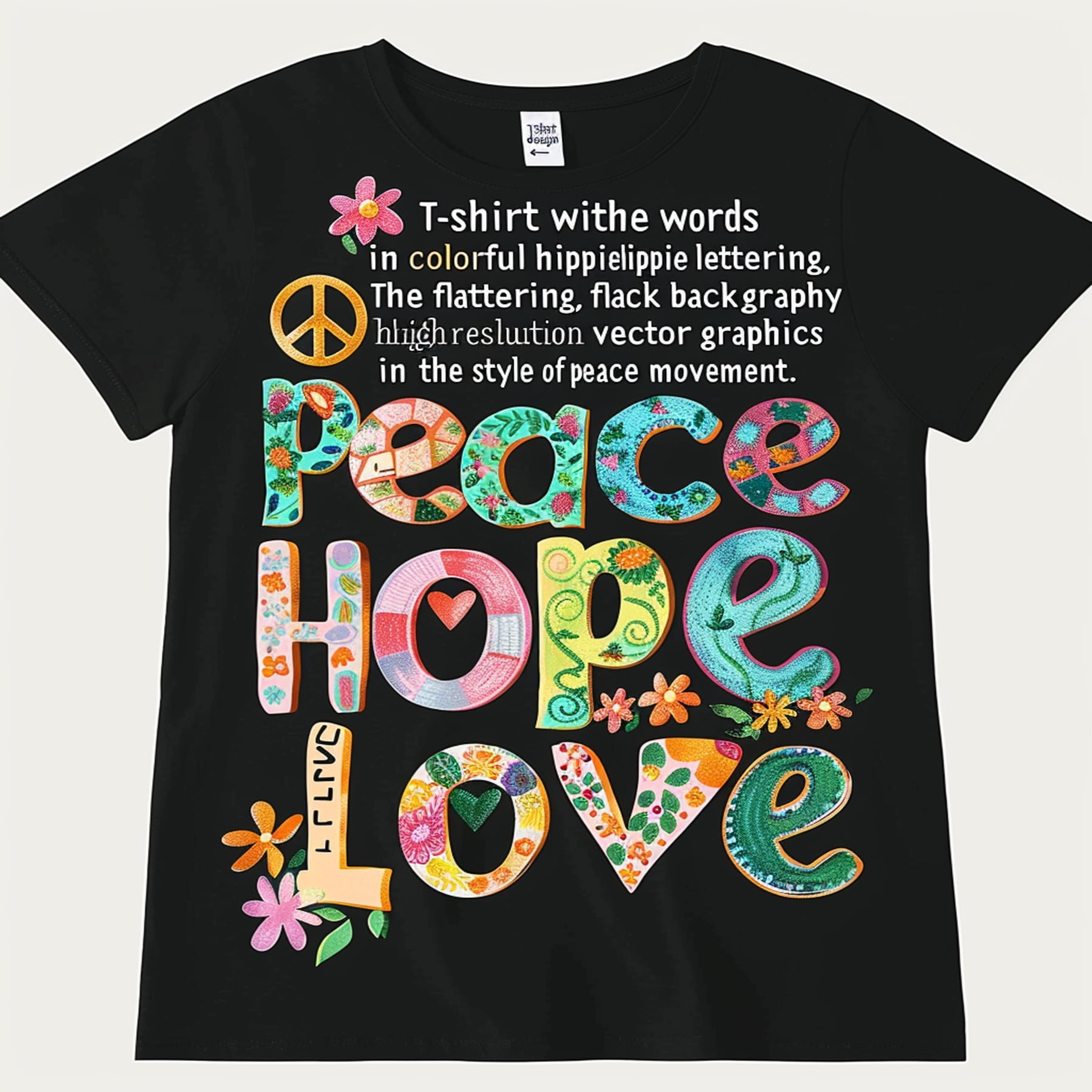 Vintage Peace Hope & Love Hippie TShirt 1960s Style Black Tee with ...