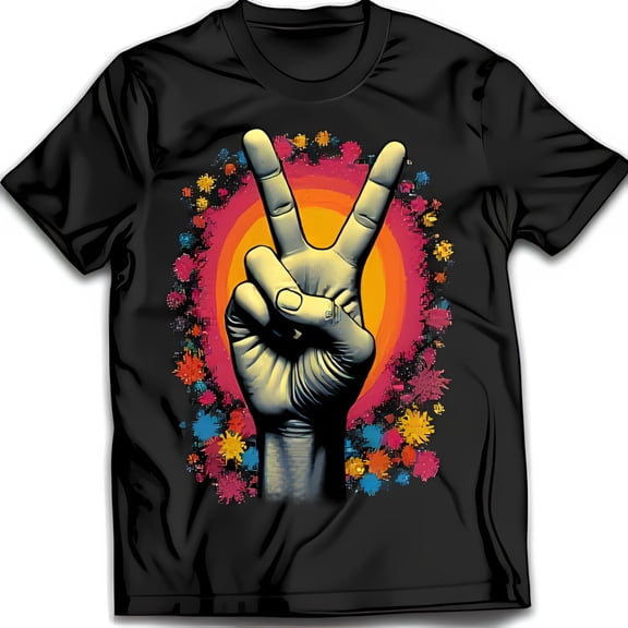 Vintage Peace Sign Black T-Shirt with Pattern Relaxed Fit Tee