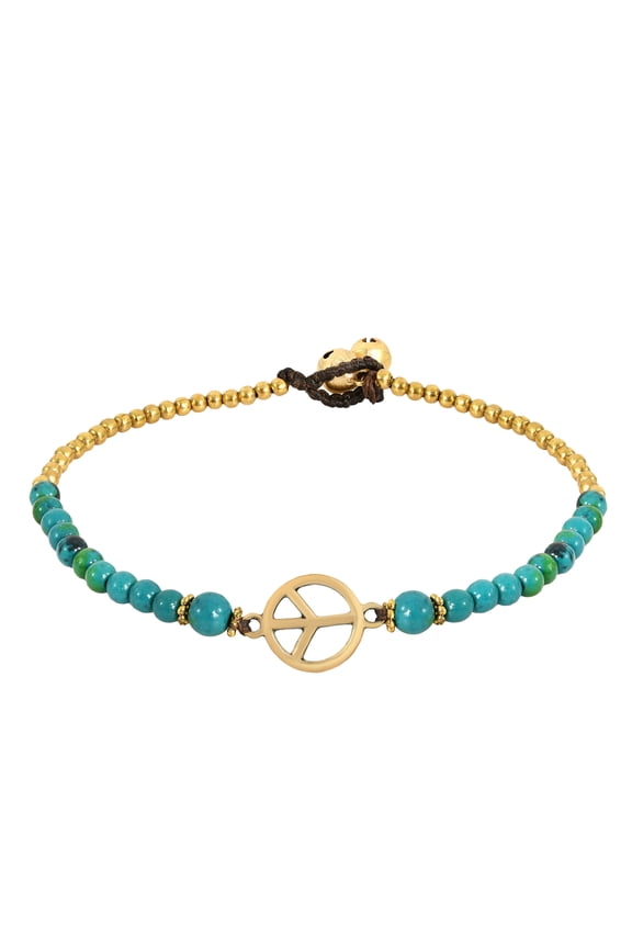 Vintage Peace Sign with Malachite & Fashion Brass Beads Link Anklet