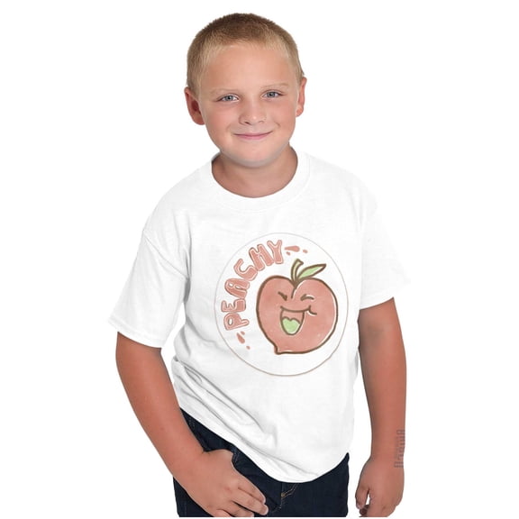 Vintage Peachy Fruit Pun Sticker Crewneck T Shirts Boy Girl Teen Brisco Brands X