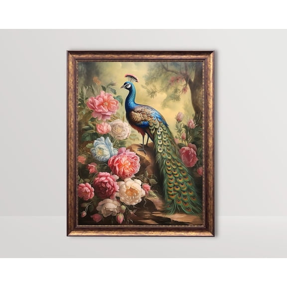 Vintage Peacock And Peonies Art, Coquette Room Decor, Victorian Animal Poster, Antique Floral Bird , Baroque Aesthetic, 16x24 UNFRAMED