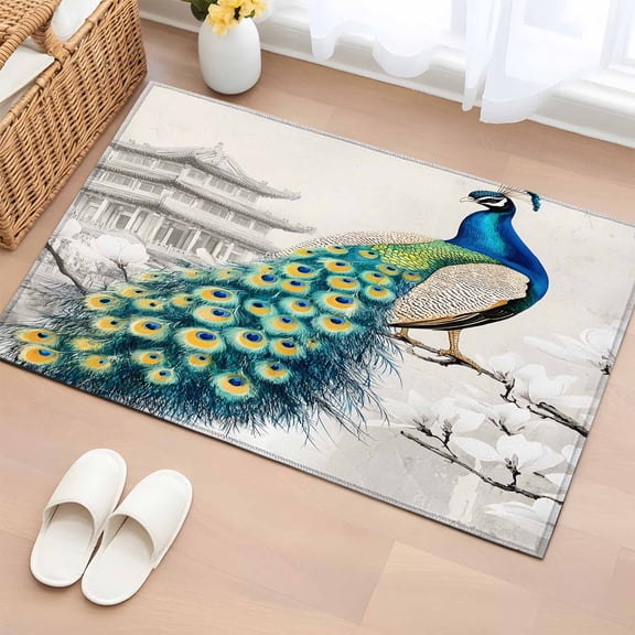 Vintage Peacock Bathroom Rug Washable 2x3 Entryway Rug Non Slip Watercolor Peacock Feather Flower Front Door Mat Low Pile Indoor Doormat Throw Floor Carpet for Kitchen Bedroom Entrance