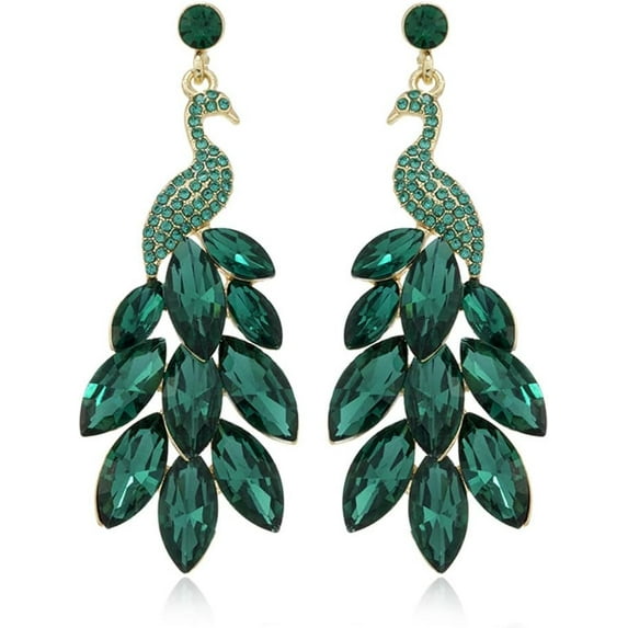 Vintage Peacock Dangle Earrings for Women 14K Gold Plated Green Crystal Feather Peafowl Statement Drop Dangling Stud Earring Boho Exaggerated Birthday Holiday Jewelry Gifts