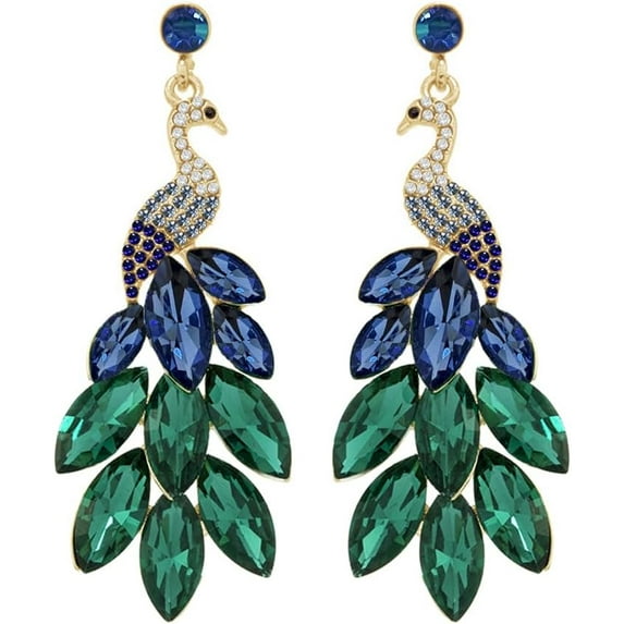 Vintage Peacock Dangle Earrings for Women 14K Gold Plated Green Crystal Feather Peafowl Statement Drop Dangling Stud Earring Boho Exaggerated Birthday Holiday Jewelry Gifts
