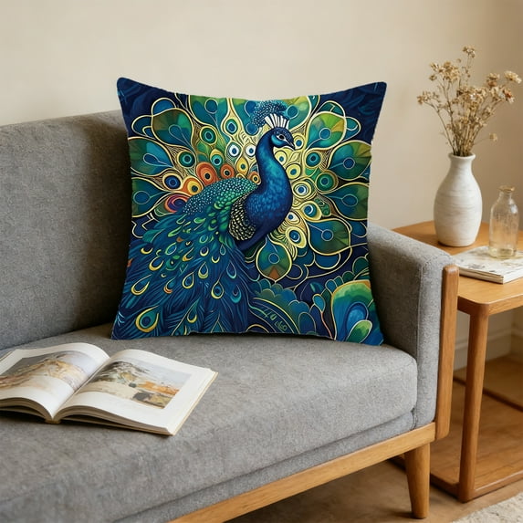 Vintage Peacock Drawing Embroidered-style Decorative Pillow Cover, Polyester Cushion Case for Sofa Bedroom Living Room Home Decor Throw Pillow