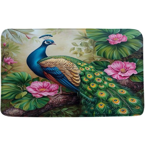 Vintage Peacock Feather Bath Mat Tropical Floral Microfiber Bathroom Kitchen Floor Doormat Rug 16x24 Inch Blue