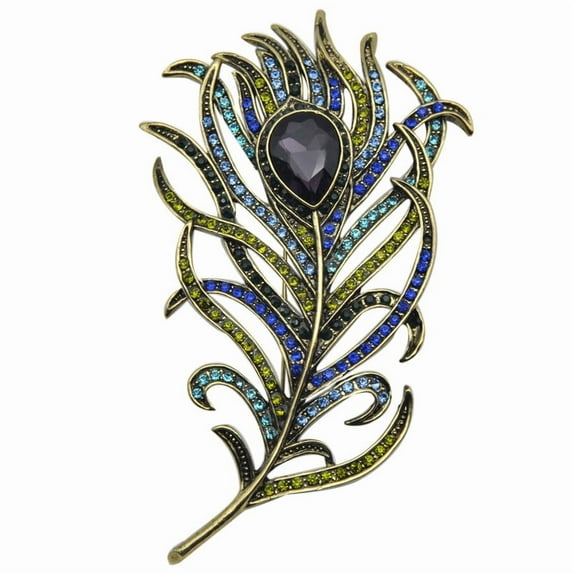 Vintage Peacock Feather Brooch Pin with Teardrop Cutting Stone and Green Blue Crystal Rhinestones