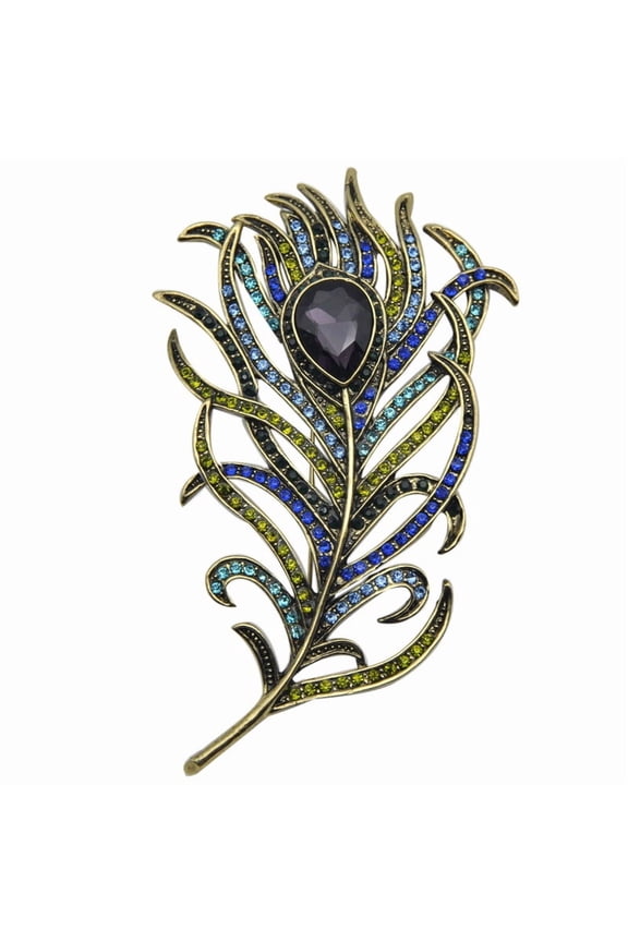 Vintage Peacock Feather Brooch Pin with Teardrop Cutting Stone and Green Blue Crystal Rhinestones