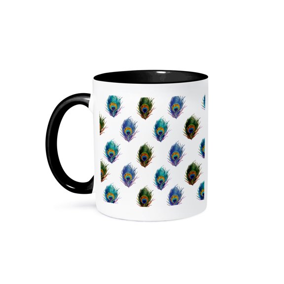 3dRose, Vintage peacock feather pattern - green blue teal turquoise feathers - elegant fancy classy stylish, 11oz Two-Tone Black Mug