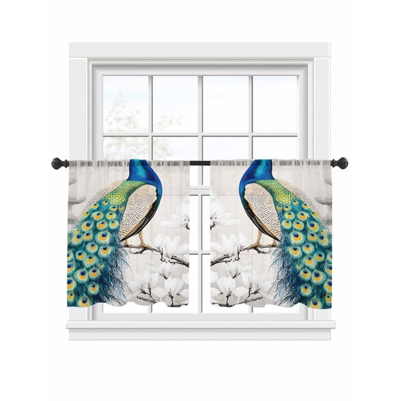 Vintage Peacock Sheer Curtains 2 Panels Set Blue Peacock on Magnolia Branch Retro Attic Sheer Window Curtains Light Filtering Rod Pocket Voile Drapes for Bedroom Living Room 52"x54"