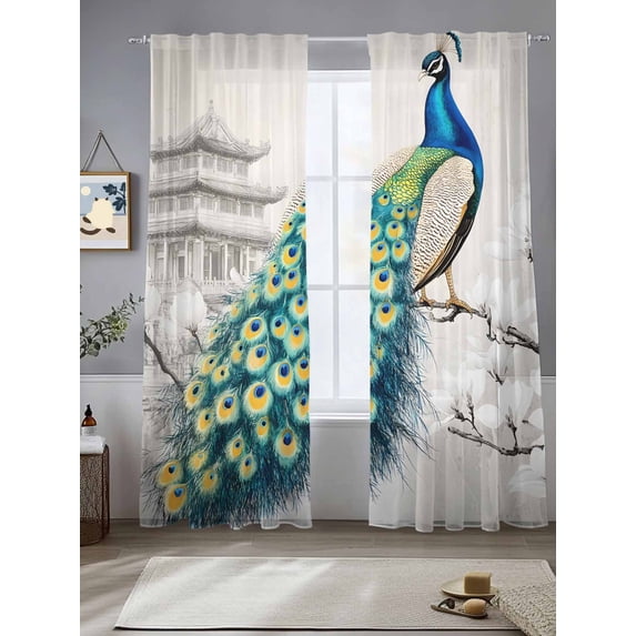 Vintage Peacock Sheer Curtains for Living Room Bedroom Watercolor Peacock Feather Flower Sheer Curtains 84 Inch Long 2 Panels Set Light Filtering Curtain Window Treatments Drapes for Dining Room