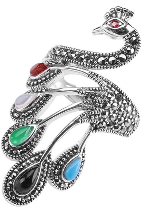 Vintage Peacock Statement Wrap Open Rings 925 Sterling Silver Statement Adjustable Knuckle Middle Rhinestone Bird Animal Band Finger Rings Comfort Fit Boho Delicate Ethnic Style Jewelry for Women
