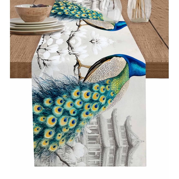 Vintage Peacock Table Runner 36 Inches, Watercolor Peacock Feather Flower Bed Runner Dresser Scarves Tabletop for Indoor Outdoor Parties/Ceremony/Banquet, 13"x 36"