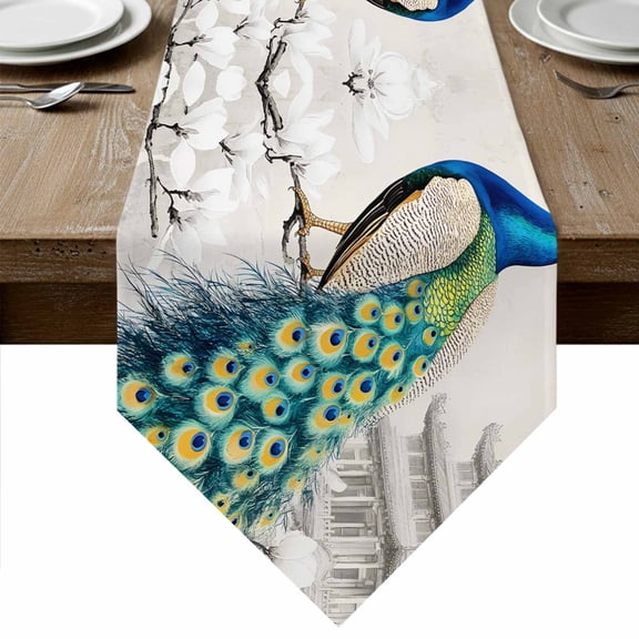 Vintage Peacock Table Runner Linen Burlap Table Runner 48 Inches Long Watercolor Peacock Feather Flower Dresser Scarves for Kitchen Island Coffee Dining Party Wedding Banquet Holiday Decor 13"x48"
