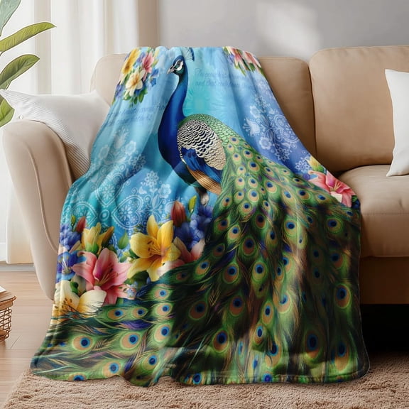 Vintage Peacock Throw Blanket Elegant Peacock Floral Cozy Throw Blanket Fuzzy Soft Flannel Fleece Blanket for Home Office Bedroom Living Room
