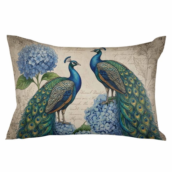 Vintage Peacock Throw Pillow Cover 20 x 30 Inch Decorative Pillow Cover Blue Floral Animals Feather Retro Art Lumbar Pillowcase Seasonal Rectangle Cushion Case for Couch Sofa Bed Living Room