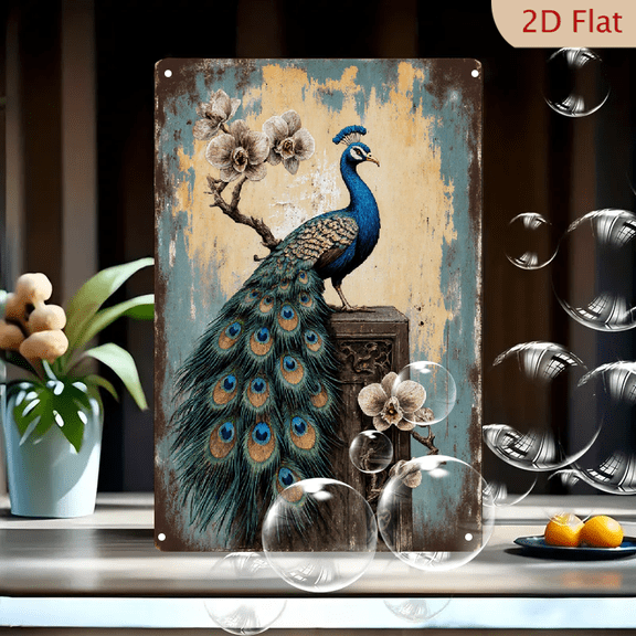 Vintage Peacock Wall Art Metal Sign, 8x12 Inch Rustic Decorative Tin Plaque with Orchids and Ornate Pedestal, Elegant Antique Style for Home Living Room Kitchen Bathroom