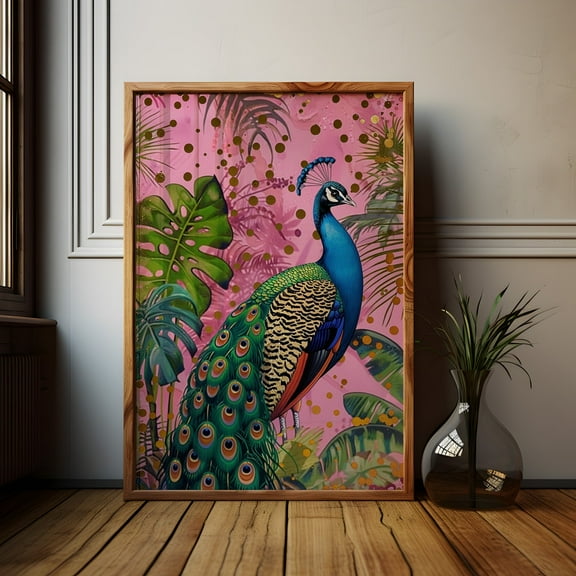 Vintage Peacock Wall Art Print, Gold Ferns On Red Polka Dot & Pink, Maximalist Hollywood Regency Decor, Unique Housewarming Gift, Decor For Living Room Bedroom, 8x12 UNFRAMED