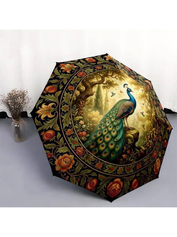 Vintage Peacock and Floral Vine Print Automatic Folding Umbrella, Portable 8-Rib Windproof Rain Umbrella for Outdoor, Travel, and Daily Use