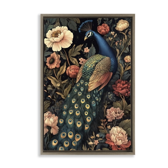 Stupell Industries Vintage Peacock in Florals Brown Framed Floater Canvas Wall Art, design by Petal Prints Design